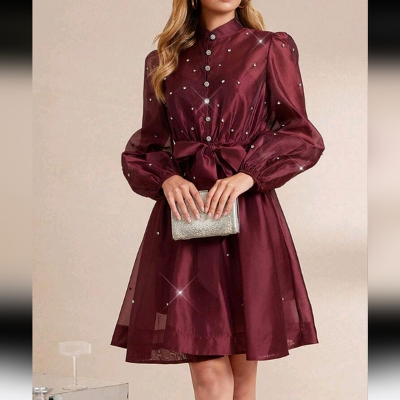 Women's Burgundy Rhinestone Embellished A-Line Mini Dress,Suitable For Daily Wea - Picture 1 of 5